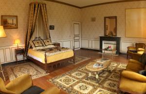 ein Schlafzimmer mit einem Bett und einem Kamin in der Unterkunft Chateau du Hallay in Montaigu-Vendée