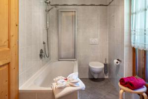 La salle de bains est pourvue d'une baignoire et de toilettes. dans l'établissement Apartment Birke- Fiechterhof, à Sarentino
