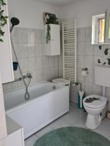 a bathroom with a white tub and a toilet at CASA ALEX in Sărata-Monteoru +105 photos