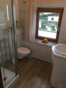 a bathroom with a toilet and a window and a shower at Haus Waldruh in Niederau