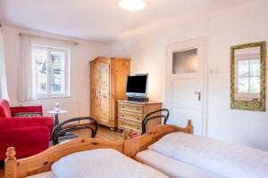 a bedroom with a bed and a tv on a dresser at Ferienhaus Fingerhut in Eggen