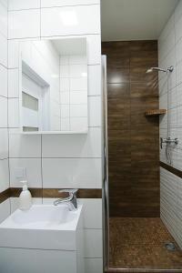 La salle de bains est pourvue d'un lavabo et d'une douche. dans l'établissement Luxury Apartment near Rynok Square, à Lviv