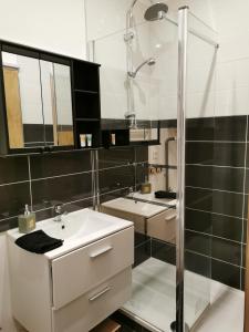a bathroom with a sink and a shower at gîte Cosy Green 2 in Chevincourt +46 photos