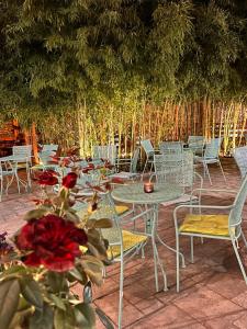 un patio con mesas, sillas y una planta en Hotel TREVA, en Shkodër