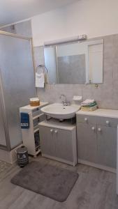 a bathroom with a sink and a mirror at La Bretagne ça vous gagne in Ploufragan +9 photos