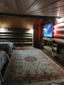 um quarto com um tapete no chão e uma televisão em Villa Lilja em Muurame