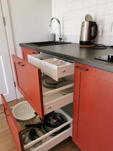 una cocina con un armario abierto con platos en Laiko marios en Preila