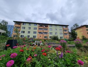 um jardim com flores em frente a um edifício em Čertovy proudy em Loučovice