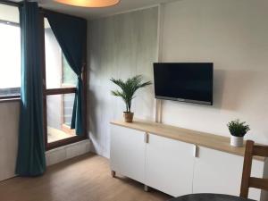 Televízia a/alebo spoločenská miestnosť v ubytovaní Appartement 4 pers Tour de la Biche skis aux pieds