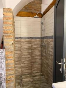 a shower in a bathroom with a stone wall at Apartament 42.2 in Bistriţa