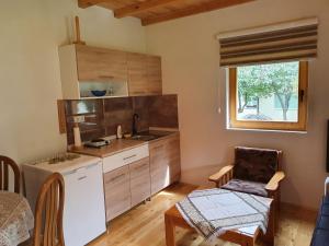 a small kitchen with a sink and a table at Pan Koran Vikendica Pale, Jahorina in Pale