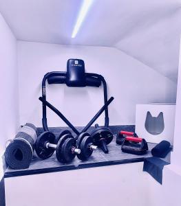 a shelf with dumbbells and other equipment on it at Residence Toraldo in Rome