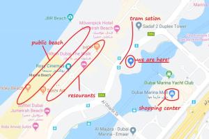 a map of a resort with surfboards at Full Apartment in Dubai Marina,80m from beach in Dubai