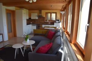 ein Wohnzimmer mit einem Sofa und einer Küche in der Unterkunft Ferienwohnung auf der sonnigen Südseite in Langenegg
