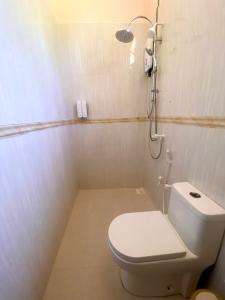 a bathroom with a toilet and a shower at Sands Inn, Mathiveri in Mathiveri