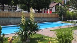 a swimming pool in a yard next to a house at Hotel Krone in Morter