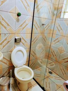 a bathroom with a toilet and a tiled wall at Hospedaria São Benedito in Guararema