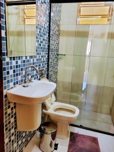 a bathroom with a toilet and a sink and a shower at Hospedaria São Benedito in Guararema