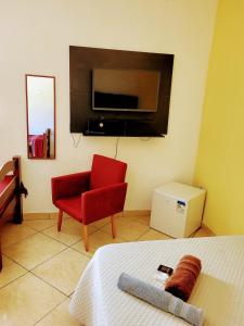 a bedroom with a bed and a chair and a television at Hospedaria São Benedito in Guararema
