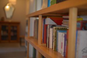 een rij boeken op een plank in een bibliotheek bij Kazanad-Appartement lumineux et spacieux-Chambéry in Chambéry