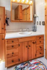 a bathroom with a sink and a mirror at Quaint Riverfront Barn in Kankakee