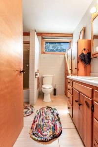 a bathroom with a toilet and a rug on the floor at Quaint Riverfront Barn in Kankakee