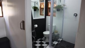 a bathroom with a toilet and a glass shower at Nkutu River Lodge in Kloof