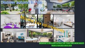 eine Collage mit verschiedenen Bildern eines Wohnzimmers in der Unterkunft Marine Lux apartments in Pula