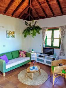 een woonkamer met een groene bank en een tafel bij Casa Flor azul in Las Tricias