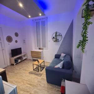een woonkamer met een blauwe bank en een tv bij Très joli appartement 2 pièces, centre-ville in Tuchan