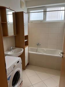 bagno con lavatrice e lavandino di Apartment Hurka - 15 min do centra, garaz a Praga
