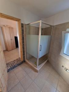 a shower with a glass door in a bathroom at Aprosmeno Jacuzzi House 4 in Agros