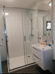 uma casa de banho com um chuveiro e um lavatório. em Apartman Sara em Umag