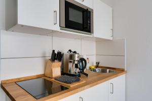 Una encimera de cocina con fregadero y microondas. en CASSEL LOFTS - Stylisches Dschungel-Studio nähe Uni & Klinikum, en Kassel 4 fotos más