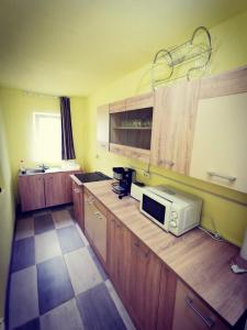una cocina con armarios de madera y microondas en una encimera en Casa Rusu en Mălăeşti
