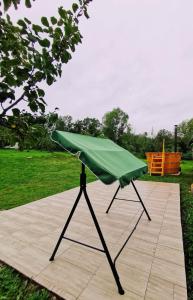 ein grünes Zelt auf einem Tisch im Park in der Unterkunft Casa Rusu in Mălăeşti