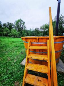 una silla de madera en la parte superior de un campo en Casa Rusu en Mălăeşti