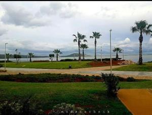 einen Park mit Palmen und eine Straße mit Strand in der Unterkunft اقامة السعادة in Nador
