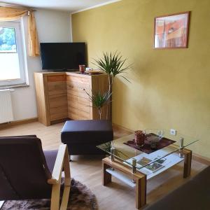 a living room with a coffee table and a tv at Ferienhaus Willkommen in Bad Schandau
