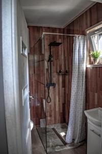 a shower with a glass door in a bathroom at Osada Szara Wadera in Komańcza