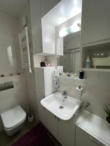 a white bathroom with a sink and a toilet at Oscar in Podgorica +16 photos