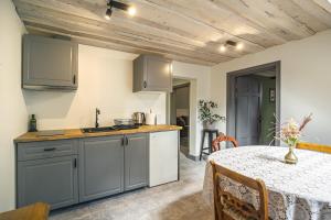 a kitchen with gray cabinets and a table in a room at Bergervilla Boutique Guest House & SPA in Mežmuiža