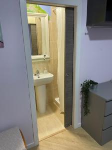 uma casa de banho com um lavatório, um WC e um espelho. em Casa Claddagh em Sax