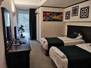 Una habitación de hotel con dos camas y un televisor. en Alpin Aparthotel Ap 508 Poiana Brasov- acces la piscină gratuit, en Poiana Brasov 55 fotos más