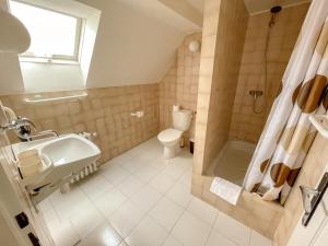 uma casa de banho com um lavatório, um WC e um chuveiro em Ubytování Kubantovi em Praga