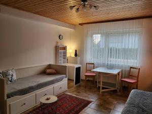 1 dormitorio con cama, mesa y ventana en Apartment Betzenberg, nur Netflix en Kaiserslautern