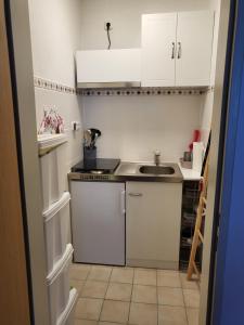 a small kitchen with white cabinets and a sink at Apartment Betzenberg, nur Netflix in Kaiserslautern