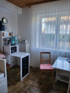 une cuisine avec un bureau, une table et une fenêtre dans l'établissement Apartment Betzenberg, nur Netflix, à Kaiserslautern