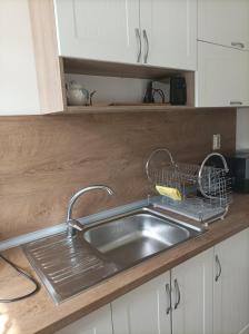 um lavatório de cozinha com um suporte para secar pratos ao lado em Apartment Starfish em Varna City