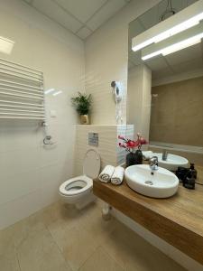 ein Badezimmer mit einem Waschbecken, einem WC und einem Spiegel in der Unterkunft ALE Jerozolimskie Varsovia Apartments in Warschau